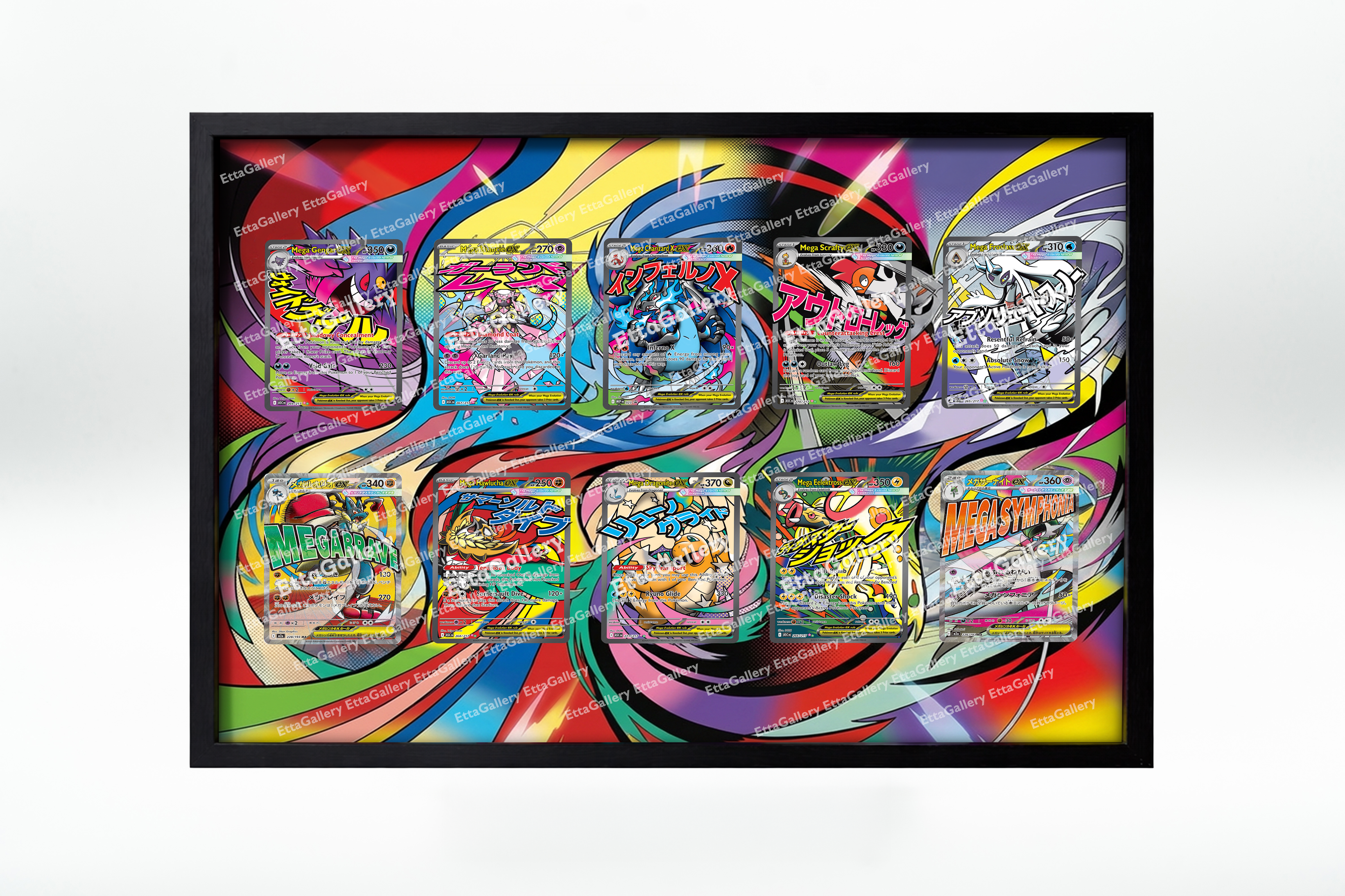 Mega Gengar ex, Mega Diancie ex, Mega Charizard X ex, Mega Scrafty ex, Mega Froslass ex, Mega Lucario ex, Mega Hawlucha ex, Mega Dragonite ex, Mega Eelektross ex and Mega Gardevoir ex from Ascended Heroes/Mega Evolution Promo